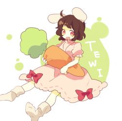 Rule 34 | 1girl, animal ears, bad id, bad twitter id, black hair, rabbit ears, carrot, character name, daizu (melon-lemon), dress, inaba tewi, open mouth, red eyes, short hair, smile, solo, touhou