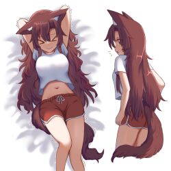 Rule 34 | &gt; &lt;, 1girl, animal ears, arms up, brown hair, commentary, crop top, crop top overhang, facing viewer, feet out of frame, imaizumi kagerou, long hair, midriff, multiple views, navel, red eyes, red shorts, shirt, short shorts, shorts, standing, stomach, tail, touhou, very long hair, white shirt, wolf ears, wolf tail, wool (miwol)