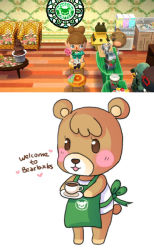 Rule 34 | 2girls, animal crossing, apron, barista, brown hair, cup, english text, game screenshot, green apron, holding, holding cup, looking away, maple (animal crossing), multiple girls, nintendo, simple background, standing, villager (animal crossing), white background