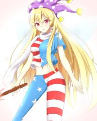 Rule 34 | 1girl, aged up, american flag legwear, american flag print, american flag shirt, bad id, bad twitter id, blonde hair, blue pantyhose, blue shirt, breasts, clownpiece, commentary request, cowboy shot, crop top, hat, highres, jester cap, long hair, looking at viewer, medium breasts, midriff, multicolored clothes, multicolored legwear, multicolored shirt, musteflott419, navel, pantyhose, parted lips, pink eyes, polka dot, polka dot headwear, print shirt, purple hat, red pantyhose, red shirt, scarf, shirt, short sleeves, simple background, solo, standing, star (symbol), star print, striped clothes, striped pantyhose, striped shirt, torch, touhou, white background, white scarf