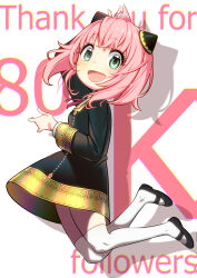 Rule 34 | 1girl, alcoholrang, anya (spy x family), black dress, black footwear, blush, child, dress, eden academy school uniform, green eyes, hairpods, highres, long sleeves, looking at viewer, milestone celebration, open mouth, pink hair, school uniform, shoes, smile, spy x family, thighhighs, upper body, white thighhighs