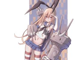 Rule 34 | 1boy, androgynous, bad id, bad pixiv id, blonde hair, blush, commentary request, cosplay, crop top, crossdressing, elbow gloves, gloves, highres, kantai collection, long hair, male focus, millet (milletneko), miniskirt, navel, sailor collar, salute, shimakaze (kancolle), shimakaze (kancolle) (cosplay), sidelocks, skindentation, skirt, sleeveless, smile, striped clothes, striped legwear, striped thighhighs, thighhighs, thighs, trap, very long hair, zettai ryouiki