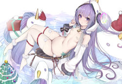Rule 34 | 1girl, :o, azur lane, bell, blush, breasts, christmas, covered erect nipples, detached sleeves, from above, full body, hat, highres, long hair, long sleeves, looking at viewer, navel, purple eyes, purple hair, santa hat, sherryqq, sitting, small breasts, solo, thighhighs, thighs, unicorn, unicorn (azur lane), white thighhighs