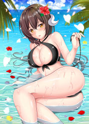 Rule 34 | 1girl, alternate costume, arm support, ass, azur lane, beach, bikini, black bikini, blue sky, blush, breasts, brown eyes, brown hair, cleavage, cloud, day, flower, front-tie top, hair between eyes, hair flower, hair ornament, hand up, holding, horns, large breasts, long hair, looking at viewer, lying, mikasa (azur lane), ocean, on side, open mouth, ougi (ihayasaka), outdoors, palm leaf, partially submerged, petals, petals on liquid, ripples, shell, sky, smile, solo, swimsuit, thighs, wet, wind