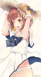 Rule 34 | 1girl, ahenn, anchor, anchor symbol, blush, bow, brown eyes, brown hair, dress, hat, headgear, kantai collection, off shoulder, one eye closed, open mouth, panties, ribbon, short hair, simple background, solo, straw hat, sundress, twitter username, underwear, white dress, white panties, wristband, yukikaze (kancolle)