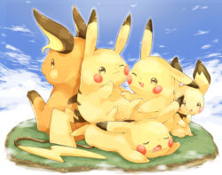 Rule 34 | blue sky, blush stickers, brown eyes, cloud, cloudy sky, collet (pixiv17839028), commentary request, creature, creatures (company), day, drooling, evolution, evolutionary line, closed eyes, game freak, gen 1 pokemon, gen 2 pokemon, grass, highres, looking at viewer, lying, nintendo, no humans, on stomach, outdoors, pichu, pikachu, pokemon, pokemon (creature), raichu, sky, sleeping