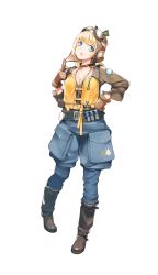 Rule 34 | 1girl, ataruman, aviator cap, black footwear, blonde hair, blue eyes, boots, brenda meyer, brown gloves, formation girls, full body, gloves, goggles, goggles on headwear, hand on own hip, highres, official art, open mouth, solo, transparent background, vest, yellow vest