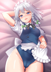 Rule 34 | 1girl, :d, apron, arm behind head, bed, bed sheet, blue eyes, blue leotard, braid, cameltoe, cleft of venus, commission, frills, holding, izayoi sakuya, leotard, looking at viewer, lying, maid, maid apron, maid headdress, medium hair, open mouth, short sleeves, skeb commission, smile, solo, thighs, tokyo yamane, touhou, touhou tag dream, twin braids, white hair, wrestling outfit