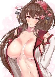 Rule 34 | 10s, 1girl, blush, breasts, brown eyes, brown hair, cherry blossoms, closed mouth, collarbone, commentary request, detached sleeves, eyebrows, female focus, flower, hair between eyes, hair flower, hair ornament, headgear, highres, huge breasts, kantai collection, long hair, looking at viewer, matching hair/eyes, midriff, navel, no bra, open clothes, open shirt, ponytail, sankakusui, shirt, sidelocks, simple background, smile, solo, stomach, upper body, white background, yamato (kancolle)