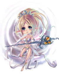 Rule 34 | 1girl, absurdres, ankle wrap, armor, bare shoulders, barefoot, blonde hair, blush, breasts, bustier, chibi, feet, fukafusa, green eyes, highres, janna (league of legends), league of legends, long hair, midriff, navel, pointy ears, solo, staff, tiara, toes