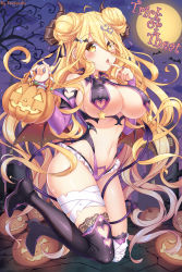 Rule 34 | 1girl, alternate costume, areola slip, bag, bandaged leg, bandages, bare shoulders, between legs, black leotard, black thighhighs, blonde hair, blush, boots, breastless clothes, breasts, clothing cutout, commentary request, covered erect nipples, curly hair, date a live, demon girl, demon horns, demon tail, demon wings, detached collar, detached sleeves, double bun, embarrassed, finger to mouth, floating, food, full moon, graveyard, hair between eyes, hair bun, hair ornament, halloween, halloween bucket, halloween costume, hands up, heart, heart cutout, heart hair ornament, high heel boots, high heels, highres, holding, holding bag, horns, hoshimiya mukuro, large breasts, legs, legs folded, leotard, long hair, looking at viewer, microskirt, midriff, moon, navel, night, night sky, outdoors, pleated skirt, revealing clothes, skirt, sky, solo, star (sky), star (symbol), star hair ornament, starry sky, stomach cutout, sweets, tail, tail around own leg, tail between legs, thigh boots, thighhighs, thighs, tombstone, trick or treat, tsubasaki, underboob, very long hair, white skirt, wings, yellow eyes