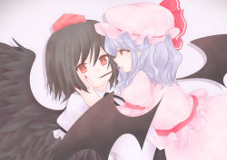 Rule 34 | 2girls, bad id, bad pixiv id, bat wings, bebitera, bird wings, black hair, blouse, blue hair, eye contact, fingernails, food, grey background, hand on another&#039;s shoulder, hat, hat ribbon, looking at another, mob cap, multiple girls, nail polish, pocky, pocky kiss, puffy short sleeves, puffy sleeves, red eyes, remilia scarlet, ribbon, shameimaru aya, shared food, sharp fingernails, shirt, short hair, short sleeves, simple background, skirt, skirt set, tokin hat, touhou, wings, yuri