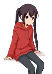 Rule 34 | 1girl, :o, arms at sides, black pants, blush, brown eyes, brown hair, commentary request, een941, hair between eyes, highres, hood, hoodie, k-on!, long hair, long sleeves, looking at viewer, nakano azusa, open mouth, pants, protected link, red hoodie, shadow, simple background, sitting, solo, twintails, white background