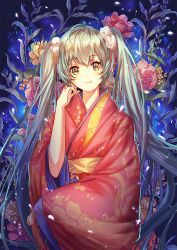 Rule 34 | 1girl, floating hair, flower, green hair, hair between eyes, hair ornament, haitang, hatsune miku, japanese clothes, kimono, long hair, long sleeves, looking at viewer, print kimono, red flower, red kimono, smile, solo, standing, twintails, very long hair, vocaloid, wide sleeves, yellow eyes, yellow flower