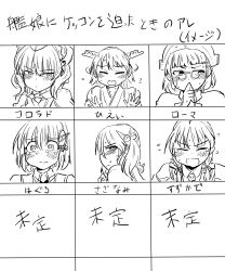 Rule 34 | 6+girls, bare shoulders, blunt bangs, blush, capelet, closed eyes, collarbone, collared shirt, colorado (kancolle), commentary, covering own mouth, crying, crying with eyes open, detached sleeves, fingernails, flying sweatdrops, garrison cap, glasses, greyscale, haguro (kancolle), hair between eyes, hair bobbles, hair ornament, hair ribbon, hairband, hairclip, hat, headdress, headgear, hiei (kancolle), highres, japanese clothes, kantai collection, long hair, looking at viewer, low twintails, military, military hat, military uniform, monochrome, motion lines, multiple girls, necktie, nontraditional miko, pince-nez, poyo (hellmayuge), rabbit, ribbon, roma (kancolle), sailor collar, sazanami (kancolle), school uniform, shirt, short hair, simple background, sleeveless, sleeveless shirt, suzukaze (kancolle), sweat, tears, translated, twintails, uniform, upper body, wavy hair, white background, wide-eyed
