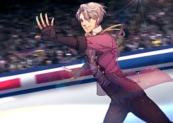 Rule 34 | 10s, 1boy, artist name, black gloves, black pants, blurry, blurry background, fingerless gloves, gloves, grey hair, ice skating, jacket, male focus, outstretched hand, pan (pandora requiem), pants, see-through, skating, skating rink, smile, solo, sparkle, viktor nikiforov, yuri!!! on ice