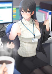 Rule 34 | 1boy, 1girl, bare shoulders, black hair, black jacket, black pantyhose, black skirt, blurry, blurry background, blush, book, breasts, chair, closed mouth, coffee, coffee mug, cup, depth of field, fed (giba), highres, holding, holding cup, id card, indoors, jacket, keyboard (computer), large breasts, light frown, long hair, long sleeves, looking back, monitor, mug, off shoulder, office chair, office lady, open clothes, open jacket, original, pantyhose, pencil skirt, pov, purple eyes, sitting, skirt, smartphone case, solo focus, steam, sweater vest, swivel chair, table, undressing