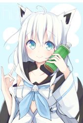 Rule 34 | 1girl, absurdres, ahoge, animal ear fluff, animal ears, blue background, blue eyes, blue neckwear, blush, bottle, closed mouth, collarbone, detached sleeves, drawstring, fox ears, fox shadow puppet, hands up, highres, holding, holding bottle, hololive, hood, hood down, long hair, long sleeves, looking at viewer, okota mikan, shirakami fubuki, shirakami fubuki (1st costume), smile, solo, upper body, virtual youtuber, white hair, white sleeves, wide sleeves