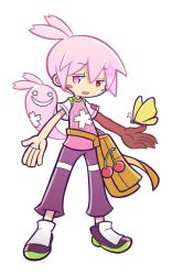 Rule 34 | 1boy, ahoge, alternate color, bag, bug, butterfly, cherry, food, fruit, full body, ghost, heterochromia, bug, madou monogatari, male focus, mzkn002, o o, official style, outstretched arms, pants, pink eyes, pink hair, puyopuyo, puyopuyo fever, red eyes, shirt, shoes, sig (puyopuyo), smile, solo, spread arms, transparent background, white background