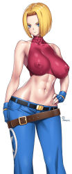 Rule 34 | 1girl, abs, bare shoulders, blonde hair, blue eyes, blue mary, breasts, covered erect nipples, crop top, fatal fury, gloves, halterneck, halterneck, highres, large areolae, large breasts, midriff, navel, onomeshin, pants, short hair, smile, snk, solo, straight hair, the king of fighters, the king of fighters xiv