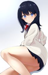 Rule 34 | 10s, 1girl, ass, black hair, black skirt, blue eyes, blush, bow, bowtie, breasts, closed mouth, gomashi (goma), gridman universe, highres, hip focus, long hair, long sleeves, looking at viewer, pleated skirt, red bow, red bowtie, school uniform, simple background, skirt, small breasts, solo, ssss.gridman, sweater, takarada rikka, thighs, white background, white sweater