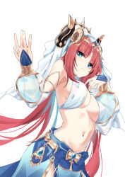 Rule 34 | 1girl, absurdres, bare shoulders, blue eyes, blunt bangs, breasts, closed mouth, czk, dancer, forehead jewel, genshin impact, harem outfit, highres, horns, long sleeves, looking at viewer, medium breasts, midriff, navel, nilou (genshin impact), puffy long sleeves, puffy sleeves, simple background, skirt, stomach, twintails, veil, white background