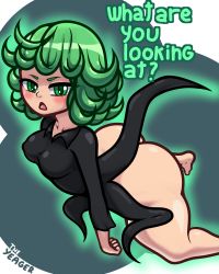 Rule 34 | 1girl, absurdres, artist name, ass, aura, black dress, blush, breasts, collarbone, curly hair, dress, english text, floating, green eyes, green hair, highres, huge ass, one-punch man, short hair, small breasts, solo, tatsumaki, theyeager, thick thighs, thighs, wide hips