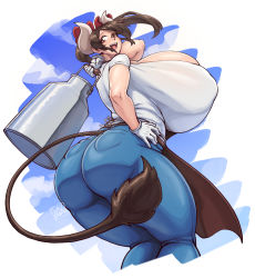 Rule 34 | 1girl, absurdres, apron, arm behind head, ass, breasts, brown hair, bursting breasts, cleavage, cloud, cow tail, curvy, denim, deumosden, gigantic breasts, gloves, hand on own hip, headgear, highres, holding, horns, huge ass, jeans, long hair, looking at viewer, looking back, looking down, pants, pocket, shiny clothes, shiny skin, sky, smile, solo, sukimi, tail, teeth, thick thighs, thighs, tongue, topknot, white background, wide hips, yellow eyes
