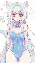 Rule 34 | 1girl, :o, alternate costume, animal ears, arknights, blue bow, blue bowtie, blue leotard, bow, bowtie, breasts, cat ears, cat girl, cat tail, collar, cowboy shot, green eyes, grey hair, highres, leotard, long hair, morita (pixiv31883607), pantyhose, parted lips, playboy bunny, rosmontis (arknights), sidelocks, simple background, small breasts, solo, star (symbol), strapless, strapless leotard, tail, thigh gap, thighs, very long hair, white background, white collar, white pantyhose