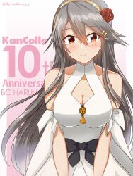 Rule 34 | 1girl, anniversary, black hair, breasts, brown eyes, cleavage, cleavage cutout, clothing cutout, commentary request, copyright name, dress, flower, gold hairband, hair flower, hair ornament, hairband, hairclip, haruna (kancolle), highres, kantai collection, large breasts, long hair, looking at viewer, roko roko (doradorazz), rose, sleeveless, sleeveless dress, smile, solo, twitter username, upper body, white dress