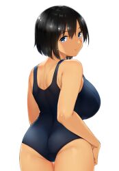 Rule 34 | 1girl, ass, black hair, blue eyes, blush, breasts, female focus, from behind, game cg, large breasts, legs, looking at viewer, looking back, mamedenkyuu (berun), natsuhara hazuki, one-piece swimsuit, original, short hair, smile, solo, summer inaka no seikatsu, swimsuit, tachi-e, thighs, transparent background
