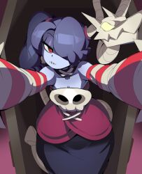 Rule 34 | 1girl, absurdres, bare shoulders, black collar, blue hair, blue skin, blue skirt, bone, breasts, captain kirb, cleavage, coffin, collar, colored skin, commentary, cowboy shot, detached collar, detached sleeves, dress, english commentary, hair over one eye, half-closed eye, highres, leviathan (skullgirls), long hair, long skirt, meme, object through head, parted lips, pov cheek warming (meme), red dress, red eyes, red sleeves, side ponytail, skirt, skull, skullgirls, small breasts, solo, squigly (skullgirls), stitched mouth, stitches, striped clothes, striped sleeves, white sleeves, yellow eyes, zombie