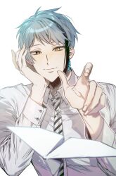 Rule 34 | 1boy, bishounen, black necktie, blue hair, brown eyes, closed mouth, collared shirt, earrings, floyd leech, hand on own face, hands up, head rest, heterochromia, highres, jewelry, kitsune (ly howe), long sleeves, looking at viewer, male focus, multicolored hair, necktie, paper airplane, shirt, short hair, simple background, single earring, smile, solo, streaked hair, striped necktie, twisted wonderland, upper body, white background, white necktie, white shirt, yellow eyes