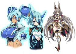 Rule 34 | 3girls, animal ears, breasts, chest jewel, detached sleeves, facial mark, hata (transistor baby), highleg, highleg leotard, ice horns, large breasts, leotard, long hair, low twintails, multiple girls, navel, nia (blade) (xenoblade), nia (xenoblade), praxis (xenoblade), theory (xenoblade), thighhighs, twintails, very long hair, xenoblade chronicles (series), xenoblade chronicles 2, yellow eyes