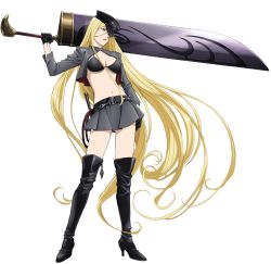 Rule 34 | 10s, 1girl, bishamonten (noragami), black bra, black footwear, black gloves, black hat, blonde hair, boots, bra, breasts, cleavage, colored skin, gloves, grey skin, hat, high heel boots, high heels, holding, holding sword, holding weapon, huge weapon, long hair, navel, noragami, official art, pleated skirt, purple eyes, simple background, skirt, solo, sword, thigh boots, thighhighs, transparent background, underboob, underwear, very long hair, weapon, white background