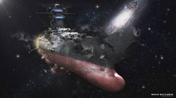 Rule 34 | anchor, andromeda (galaxy), bad end, character name, cloud, commentary, damaged, defeat, dirty, energy cannon, english commentary, english text, fleeing, highres, lights, michaellee4, muzzle, no humans, realistic, science fiction, space, spacecraft, star (symbol), starry background, turret, uchuu senkan yamato, uchuu senkan yamato 2199, wave motion gun, wreckage, yamato (uchuu senkan yamato)