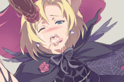 Rule 34 | 1girl, akira (coffee curry), blonde hair, blush, cape, cave (developer), censored, cum, cum in mouth, cum on body, cum on tongue, cum on upper body, deathsmiles, earrings, facial, flower, green eyes, jewelry, one eye closed, open mouth, penis, red rose, rose, sakura (deathsmiles), short hair, solo focus, tongue, wince