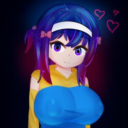 Rule 34 | 1girl, blue hair, breasts, covered erect nipples, dark background, gradient hair, head tilt, large breasts, looking at viewer, lowres, multicolored hair, non-web source, purple eyes, purple hair, shelter of nova, smile, solo, sweater, two-tone hair