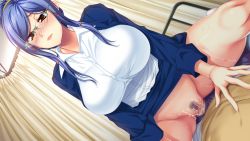 Rule 34 | 1girl, anim mother &amp; wife, bed, blue hair, blush, breasts, censored, clothed sex, game cg, girl on top, glasses, hair up, hozumi kaoru, huge breasts, itsu made mo musuko no mama ja irarenai! 2, legs, long hair, lying, mosaic censoring, no panties, penis, pubic hair, pussy, sex, sitting, sitting on person, skirt, solo focus, sweat, thighs, unzipped, vaginal, yellow eyes