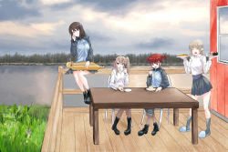 Rule 34 | 4girls, aki (girls und panzer), ankle boots, bad id, bad pixiv id, black ribbon, blue footwear, blue jacket, blue pants, blue skirt, blunt bangs, boots, brown eyes, brown hair, chair, closed eyes, closed mouth, commentary request, crossed ankles, cup, day, dress shirt, drinking, eating, eno (mauritz stiller), food, forest, girls und panzer, grass, grey legwear, grey sky, hair ribbon, hair tie, head tilt, highres, holding, holding cup, holding instrument, holding plate, instrument, jacket, kantele, keizoku military uniform, lake, light brown hair, long hair, long sleeves, looking at viewer, low twintails, mika (girls und panzer), mikko (girls und panzer), military, military uniform, miniskirt, multiple girls, nature, no headwear, one side up, open mouth, outdoors, overcast, pants, pants rolled up, pants under skirt, partial commentary, plate, pleated skirt, porch, raglan sleeves, railing, red eyes, red hair, ribbon, saucer, shimada arisu, shirt, short hair, short twintails, sitting, skirt, sky, slippers, smile, socks, standing, table, teacup, track jacket, track pants, twintails, uniform, white shirt, wing collar
