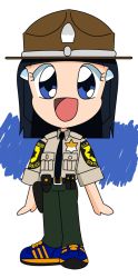 Rule 34 | 10s, 1girl, aoki reika, bad proportions, blue eyes, campaign hat, holster, illinois state police, necktie, police, police badge, police uniform, precure, schneider (sierra-77), smile precure!, solo, uniform
