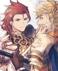 Rule 34 | 2boys, armor, blonde hair, brown gloves, closed mouth, dirty, dirty face, gloves, granblue fantasy, green eyes, hand on another&#039;s face, holding, holding weapon, looking at another, male focus, multiple boys, ono (0 no), pauldrons, percival (granblue fantasy), red armor, red eyes, red hair, short hair, shoulder armor, smile, upper body, vane (granblue fantasy), weapon
