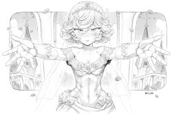 Rule 34 | 1girl, blush, breasts, bridal veil, bride, church, cleavage, curly hair, dress, falling petals, gloves, happy, highres, light smile, looking at viewer, mogudan, monochrome, one-punch man, outstretched arms, petals, reaching, reaching towards viewer, short hair, small breasts, smile, solo, strapless, strapless dress, tatsumaki, tiara, veil, wedding, wedding dress