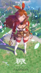 Rule 34 | 1girl, amber (genshin impact), bag, belt, blush, boots, breasts, cleavage, cliff, diauls@koh, dress, eyelashes, feathers, genshin impact, gloves, goggles, grass, hair between eyes, hair ribbon, hand in own hair, highres, long hair, long sleeves, looking at viewer, looking up, lumine (genshin impact), red dress, red ribbon, ribbon, shadow, shorts, sparkle, thigh boots, thighhighs, thighs, tree, wind, yellow eyes