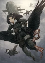 Rule 34 | aircraft, airship, ammunition pouch, asterisk kome, boots, cloud, flag, flying, fur collar, gloves, goggles, goggles on head, gun, highres, jacket, military, military uniform, mp40, multiple girls, original, pilot suit, pouch, short hair, sky, streamers, submachine gun, uniform, weapon, wings