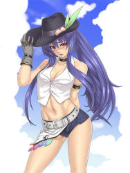 Rule 34 | 1girl, adapted costume, alternate hairstyle, bare shoulders, belt, blue hair, blush, breasts, choker, cleavage, cowboy hat, denim, female focus, gloves, hand on headwear, hat, hat tip, highres, hinanawi tenshi, hip focus, houtengeki, long hair, midriff, navel, aged up, ponytail, purple hair, red eyes, short shorts, shorts, solo, thighs, toned, touhou, cowboy western