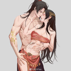 Rule 34 | 1boy, 1girl, artist request, bare shoulders, black hair, cai lin (doupo cangqiong), closed eyes, couple, doupo cangqiong, grey background, hair ornament, hair tie, hand on another&#039;s thigh, hand on another&#039;s waist, long hair, navel, parted lips, pointy ears, ponytail, red nails, red skirt, red tank top, skirt, tank top, teeth, third-party source, xiao yan (doupo cangqiong)