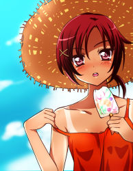 Rule 34 | 10s, 1girl, :o, blush, cloud, collarbone, day, eating, food, hair ornament, hat, hino akane (smile precure!), kagami chihiro, long hair, orange shirt, ponytail, popsicle, precure, red eyes, red hair, shiny skin, shirt, sky, smile precure!, solo, strap slip, straw hat, tan, tank top, tanline