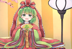 Rule 34 | alternate costume, alternate hairstyle, branch, cherry blossoms, commentary request, flower, folding fan, frilled ribbon, frills, green eyes, green hair, hair ribbon, hand fan, highres, hinamatsuri, holding, holding fan, japanese clothes, kagiyama hina, kibisake, kimono, layered clothes, layered kimono, long hair, long sleeves, looking at viewer, open mouth, red kimono, red ribbon, ribbon, smile, solo, spiral, touhou, wide sleeves