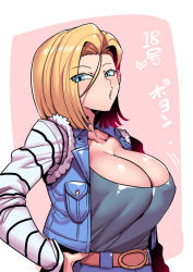 Rule 34 | 1girl, android 18, blonde hair, blouse, blue eyes, blush, breasts, cleavage, clothes, denim, denim jacket, dragon ball, dragonball z, eyes visible through hair, jacket, large breasts, looking at viewer, pink background, shirt, short hair, simple background, solo, striped clothes, striped shirt, tukiwani, upper body